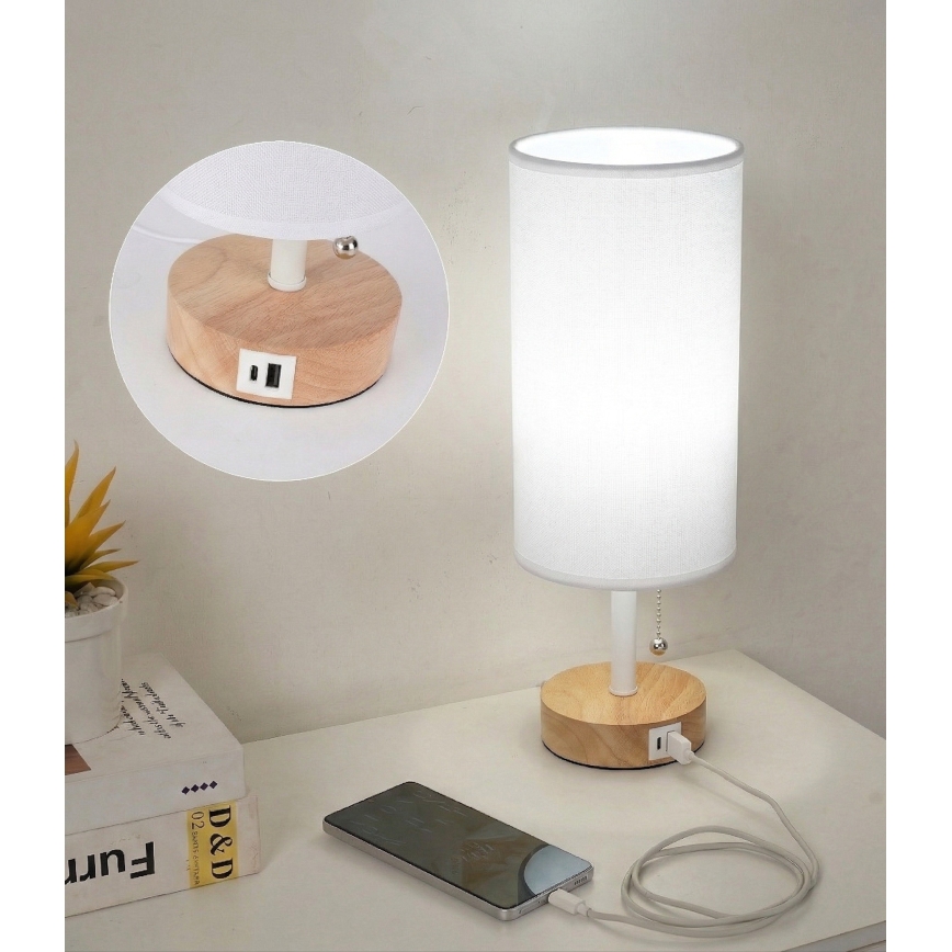 Brilagi - Επιτραπέζιο φωτιστικό TABLON με θύρα USB 1xE27/25W/230V δρυς/λευκό