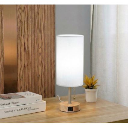 Brilagi - Επιτραπέζιο φωτιστικό TABLON με θύρα USB 1xE27/25W/230V δρυς/μπεζ/λευκό