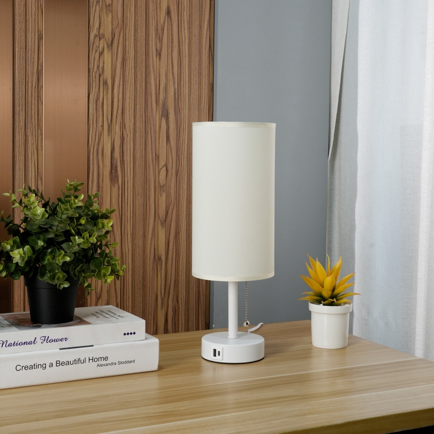 Brilagi - Επιτραπέζιο φωτιστικό με θύρα USB TABLON 1xE27/25W/230V λευκό/κρεμ