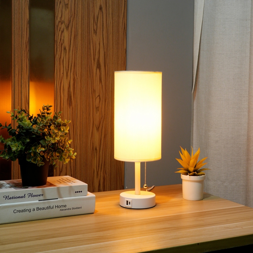 Brilagi - Επιτραπέζιο φωτιστικό με θύρα USB TABLON 1xE27/25W/230V λευκό/κρεμ