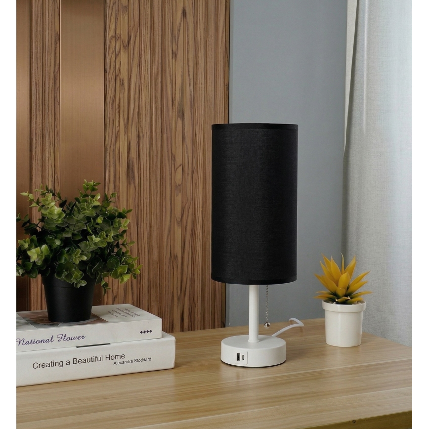 Brilagi - Επιτραπέζιο φωτιστικό με θύρα USB TABLON 1xE27/25W/230V λευκό/μαύρο