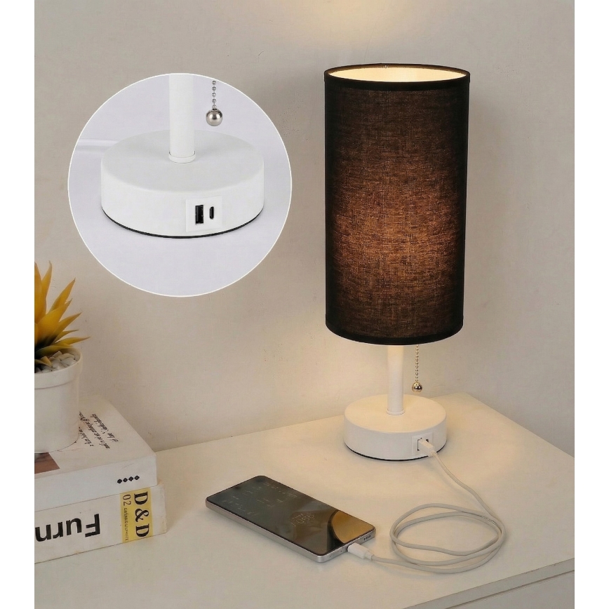 Brilagi - Επιτραπέζιο φωτιστικό με θύρα USB TABLON 1xE27/25W/230V λευκό/μαύρο