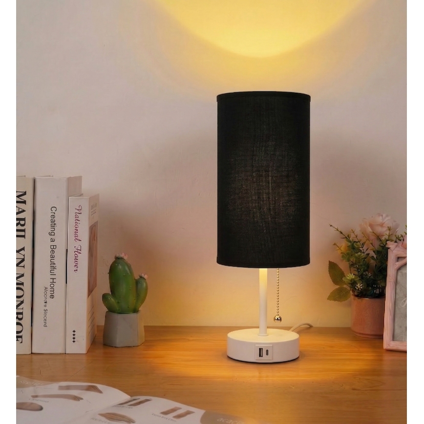 Brilagi - Επιτραπέζιο φωτιστικό με θύρα USB TABLON 1xE27/25W/230V λευκό/μαύρο