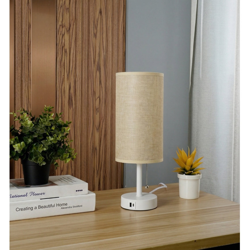 Brilagi - Επιτραπέζιο φωτιστικό με θύρα USB TABLON 1xE27/25W/230V λευκό/μπεζ