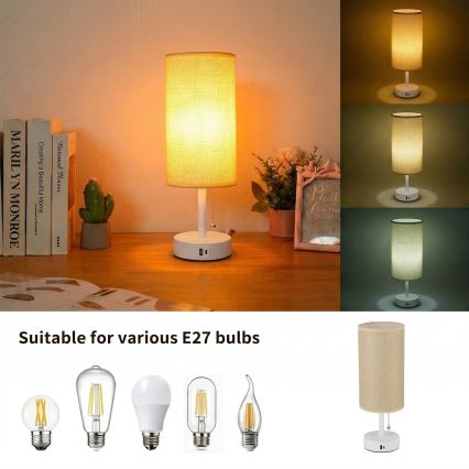 Brilagi - Επιτραπέζιο φωτιστικό με θύρα USB TABLON 1xE27/25W/230V λευκό/μπεζ