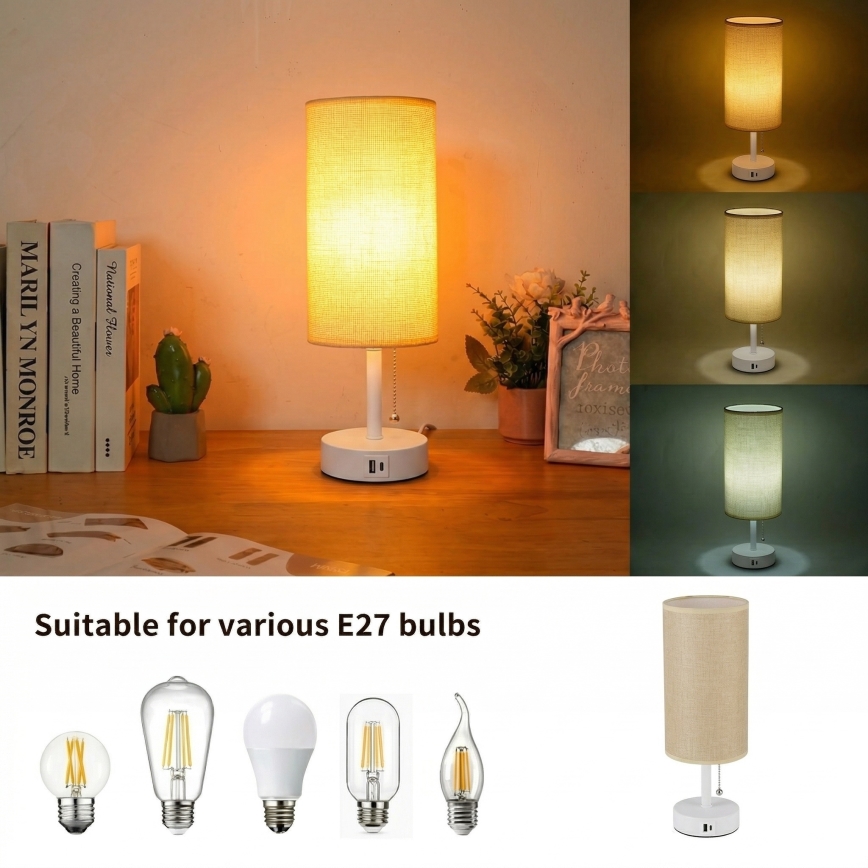 Brilagi - Επιτραπέζιο φωτιστικό με θύρα USB TABLON 1xE27/25W/230V λευκό/μπεζ