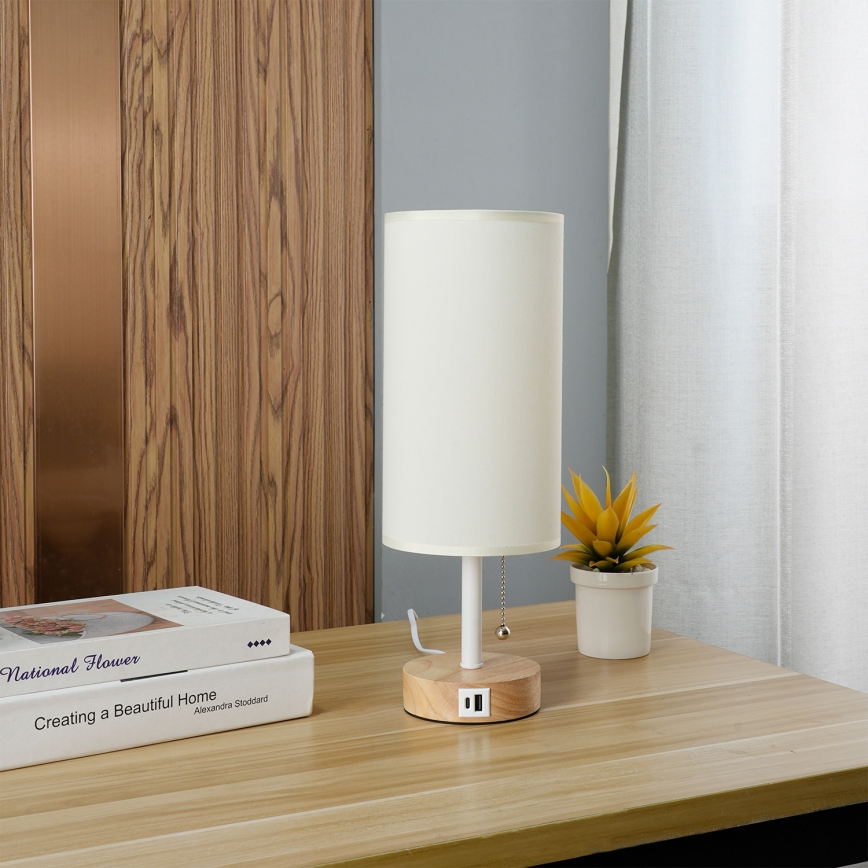 Brilagi - Επιτραπέζιο φωτιστικό με θύρα USB TABLON 1xE27/25W/230V δρυς/λευκό/κρεμ