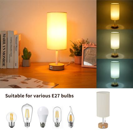 Brilagi - Επιτραπέζιο φωτιστικό με θύρα USB TABLON 1xE27/25W/230V δρυς/λευκό/κρεμ