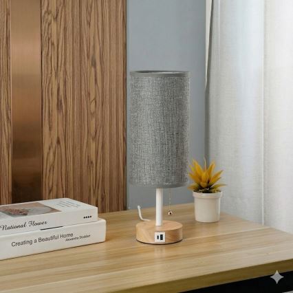 Brilagi - Επιτραπέζιο φωτιστικό με θύρα USB TABLON 1xE27/25W/230V δρυς/λευκό/γκρι