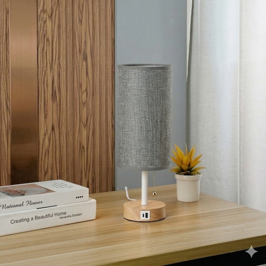 Brilagi - Επιτραπέζιο φωτιστικό με θύρα USB TABLON 1xE27/25W/230V δρυς/λευκό/γκρι