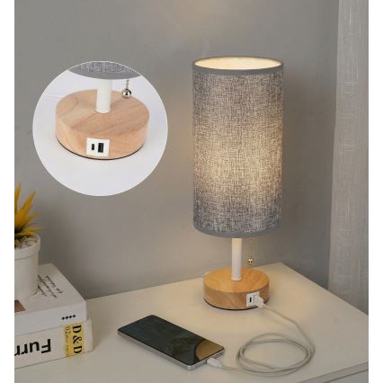 Brilagi - Επιτραπέζιο φωτιστικό με θύρα USB TABLON 1xE27/25W/230V δρυς/λευκό/γκρι