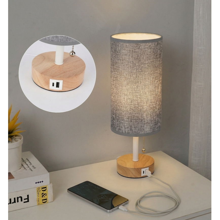 Brilagi - Επιτραπέζιο φωτιστικό με θύρα USB TABLON 1xE27/25W/230V δρυς/λευκό/γκρι