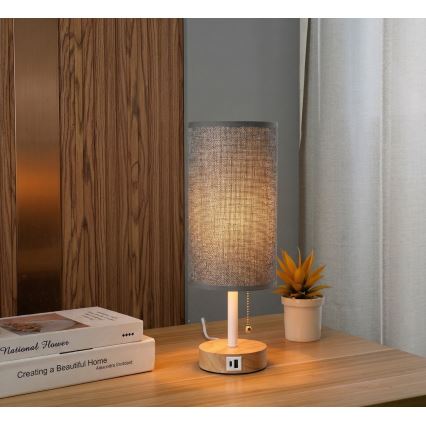 Brilagi - Επιτραπέζιο φωτιστικό με θύρα USB TABLON 1xE27/25W/230V δρυς/λευκό/γκρι