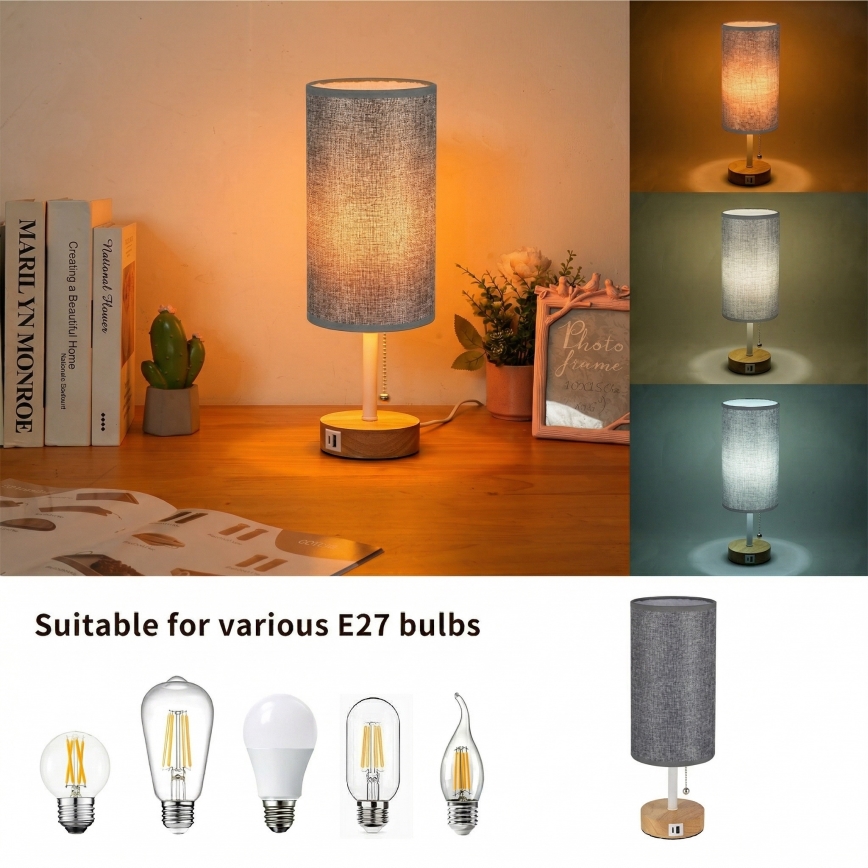 Brilagi - Επιτραπέζιο φωτιστικό με θύρα USB TABLON 1xE27/25W/230V δρυς/λευκό/γκρι