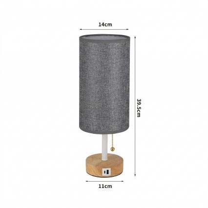 Brilagi - Επιτραπέζιο φωτιστικό με θύρα USB TABLON 1xE27/25W/230V δρυς/λευκό/γκρι