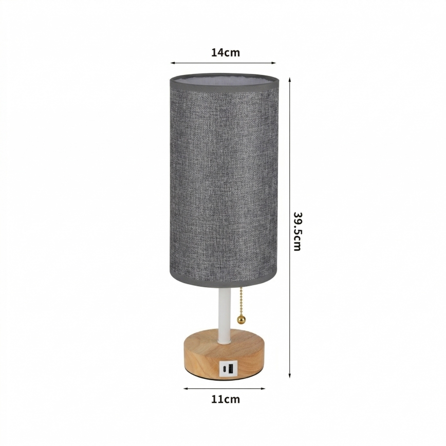 Brilagi - Επιτραπέζιο φωτιστικό με θύρα USB TABLON 1xE27/25W/230V δρυς/λευκό/γκρι