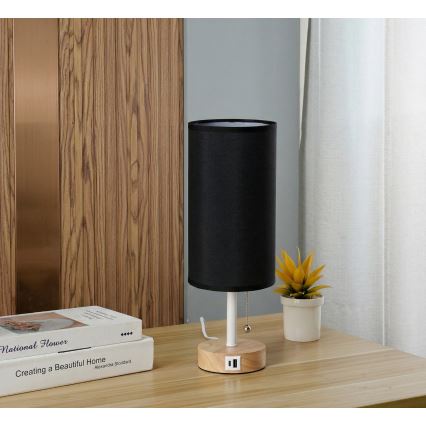 Brilagi - Επιτραπέζιο φωτιστικό με θύρα USB TABLON 1xE27/25W/230V δρυς/λευκό/μαύρο