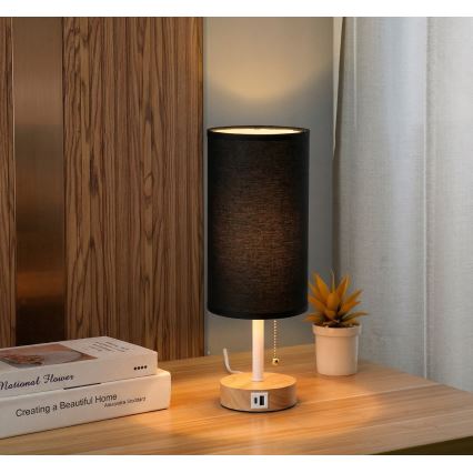 Brilagi - Επιτραπέζιο φωτιστικό με θύρα USB TABLON 1xE27/25W/230V δρυς/λευκό/μαύρο