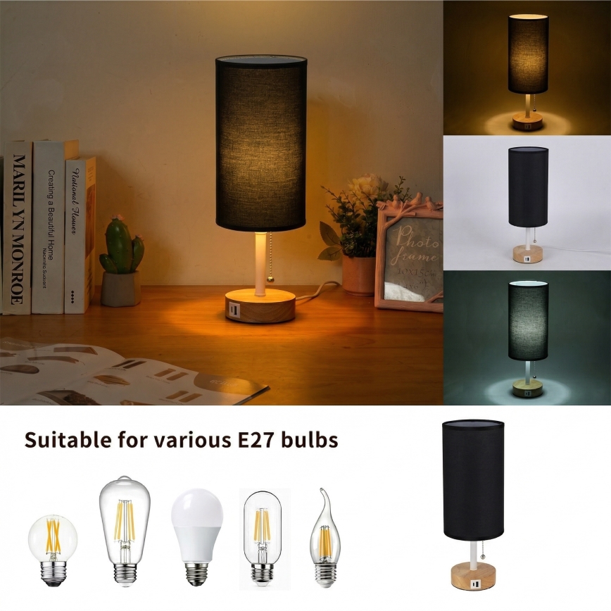 Brilagi - Επιτραπέζιο φωτιστικό με θύρα USB TABLON 1xE27/25W/230V δρυς/λευκό/μαύρο