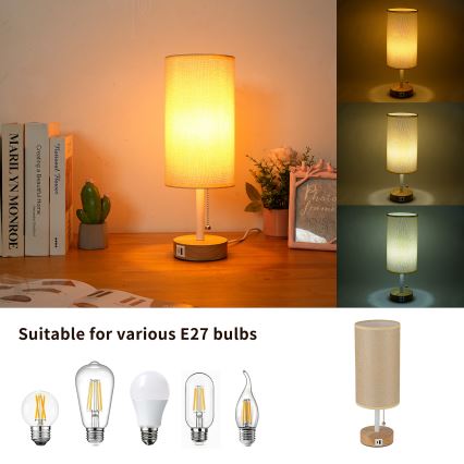 Brilagi - Επιτραπέζιο φωτιστικό με θύρα USB TABLON 1xE27/25W/230V δρυς/λευκό/μπεζ