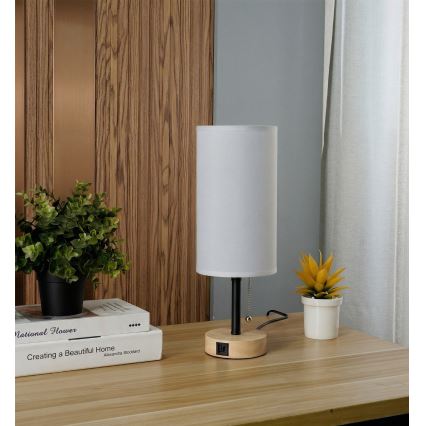 Brilagi - Επιτραπέζιο φωτιστικό με θύρα USB TABLON 1xE27/25W/230V δρυς/μαύρο/λευκό