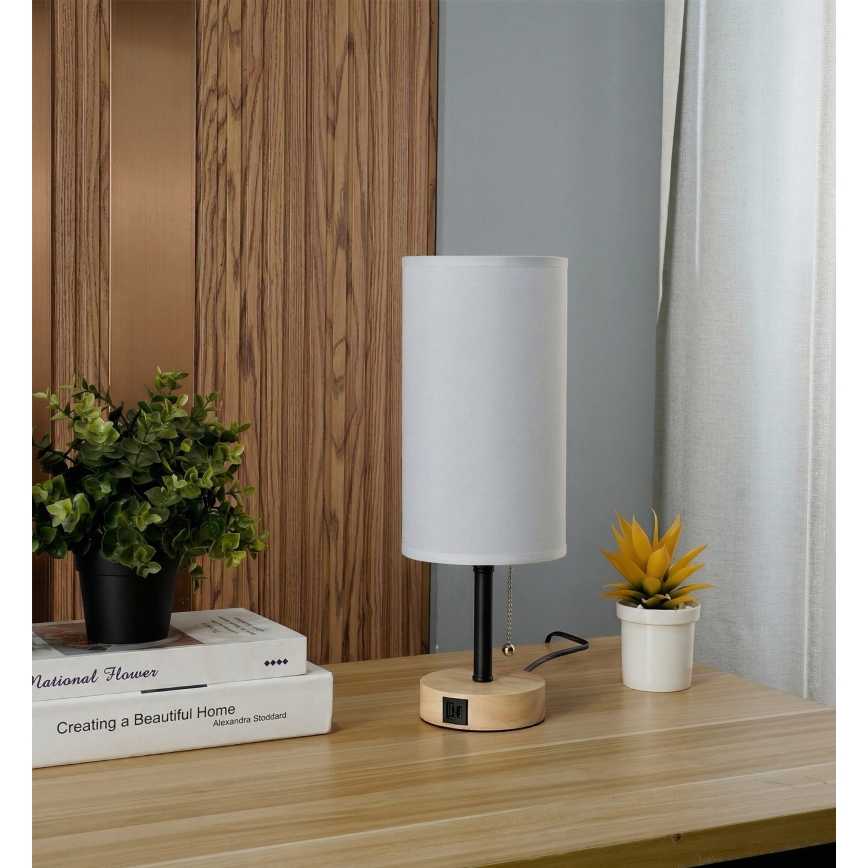 Brilagi - Επιτραπέζιο φωτιστικό με θύρα USB TABLON 1xE27/25W/230V δρυς/μαύρο/λευκό