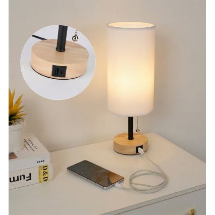 Brilagi - Επιτραπέζιο φωτιστικό με θύρα USB TABLON 1xE27/25W/230V δρυς/μαύρο/λευκό