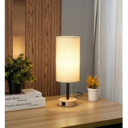 Brilagi - Επιτραπέζιο φωτιστικό με θύρα USB TABLON 1xE27/25W/230V δρυς/μαύρο/λευκό