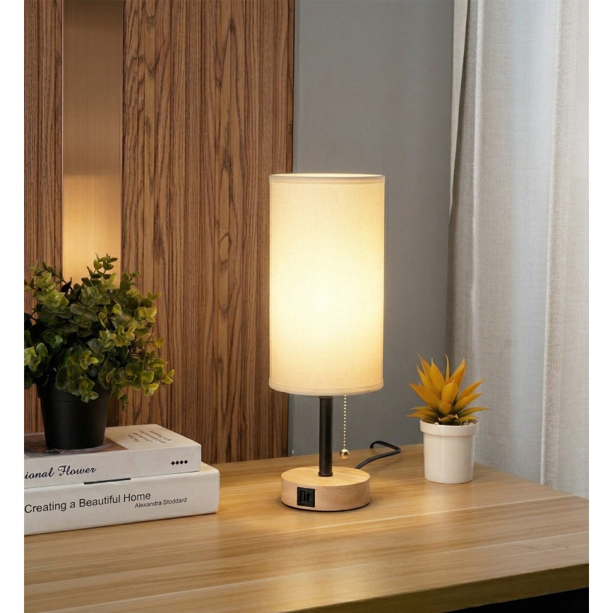Brilagi - Επιτραπέζιο φωτιστικό με θύρα USB TABLON 1xE27/25W/230V δρυς/μαύρο/λευκό