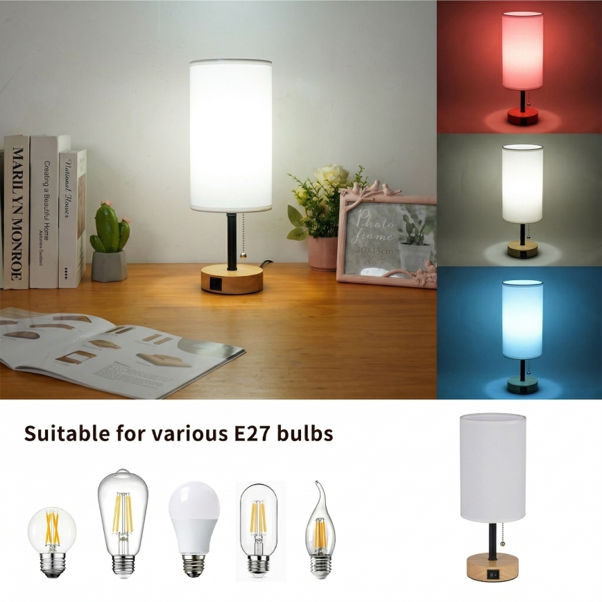 Brilagi - Επιτραπέζιο φωτιστικό με θύρα USB TABLON 1xE27/25W/230V δρυς/μαύρο/λευκό