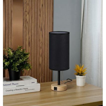 Brilagi - Επιτραπέζιο φωτιστικό με θύρα USB TABLON 1xE27/25W/230V δρυς/μαύρο