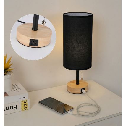 Brilagi - Επιτραπέζιο φωτιστικό με θύρα USB TABLON 1xE27/25W/230V δρυς/μαύρο