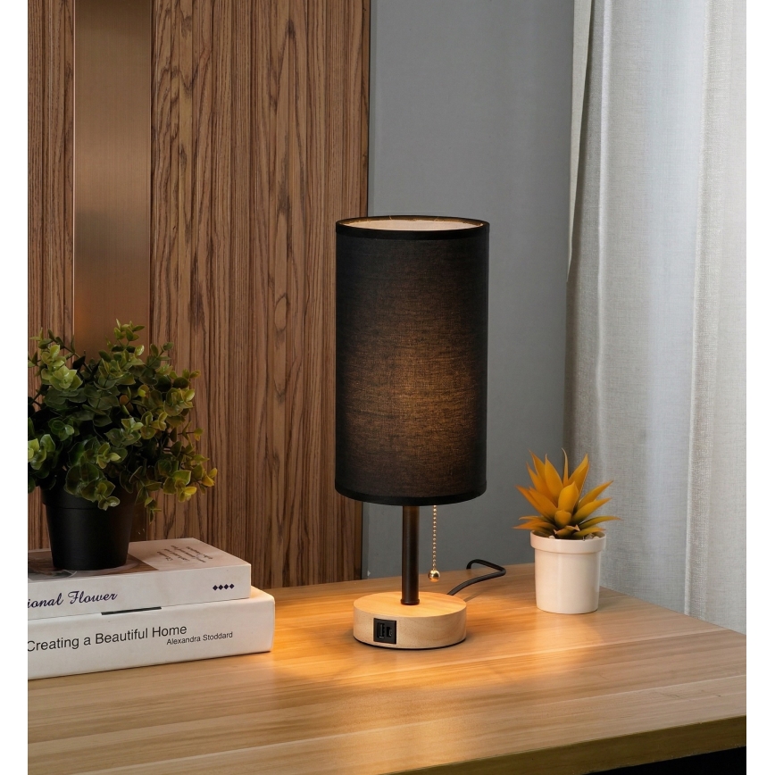 Brilagi - Επιτραπέζιο φωτιστικό με θύρα USB TABLON 1xE27/25W/230V δρυς/μαύρο