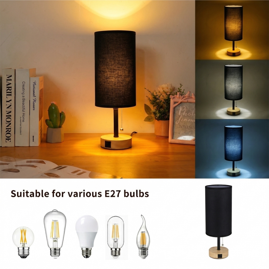 Brilagi - Επιτραπέζιο φωτιστικό με θύρα USB TABLON 1xE27/25W/230V δρυς/μαύρο