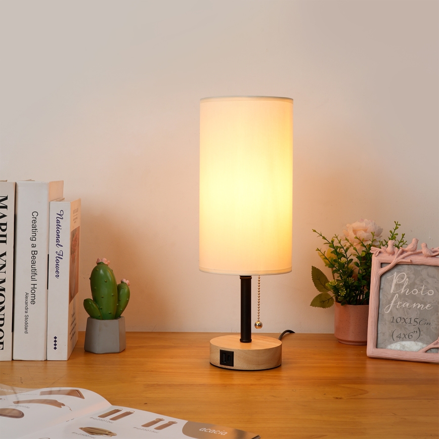 Brilagi - Επιτραπέζιο φωτιστικό με θύρα USB TABLON 1xE27/25W/230V δρυς/μαύρο/κρεμ