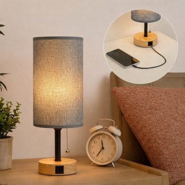 Brilagi - Επιτραπέζιο φωτιστικό με θύρα USB TABLON 1xE27/25W/230V δρυς/μαύρο/γκρι