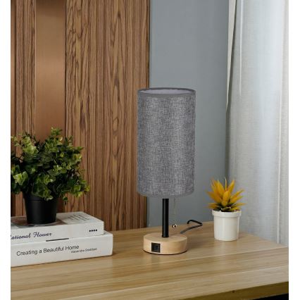 Brilagi - Επιτραπέζιο φωτιστικό με θύρα USB TABLON 1xE27/25W/230V δρυς/μαύρο/γκρι