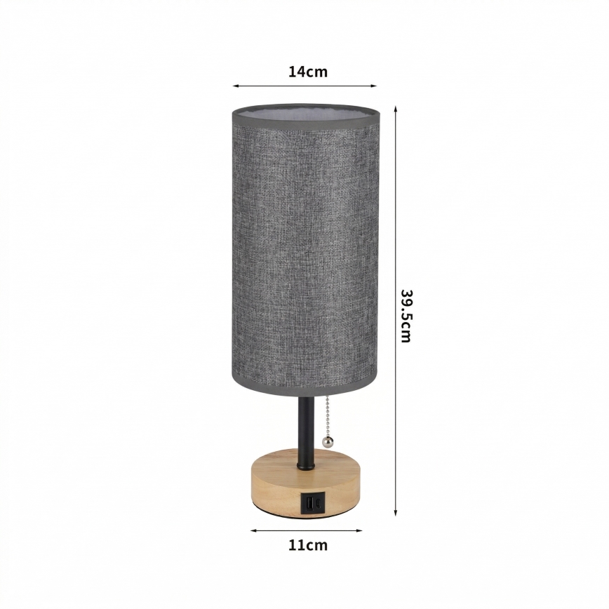 Brilagi - Επιτραπέζιο φωτιστικό με θύρα USB TABLON 1xE27/25W/230V δρυς/μαύρο/γκρι