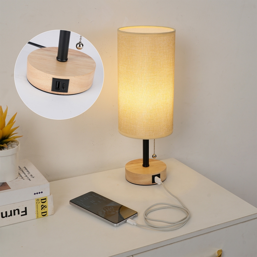 Brilagi - Επιτραπέζιο φωτιστικό με θύρα USB TABLON 1xE27/25W/230V δρυς/μαύρο/μπεζ