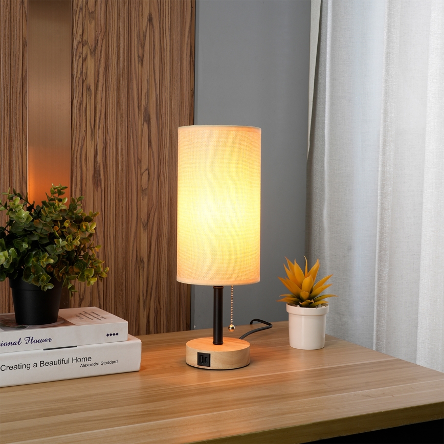 Brilagi - Επιτραπέζιο φωτιστικό με θύρα USB TABLON 1xE27/25W/230V δρυς/μαύρο/μπεζ