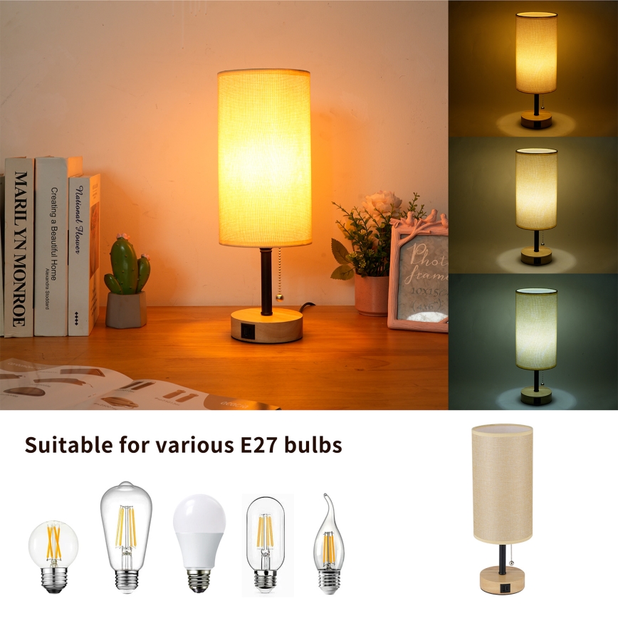 Brilagi - Επιτραπέζιο φωτιστικό με θύρα USB TABLON 1xE27/25W/230V δρυς/μαύρο/μπεζ