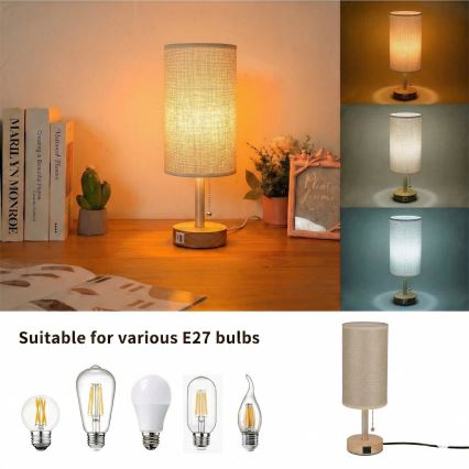 Brilagi - Επιτραπέζιο φωτιστικό με θύρα USB TABLON 1xE27/25W/230V δρυς/μπεζ