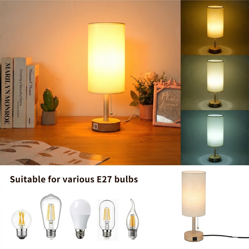 Brilagi - Επιτραπέζιο φωτιστικό με θύρα USB TABLON 1xE27/25W/230V δρυς/μπεζ/κρεμ