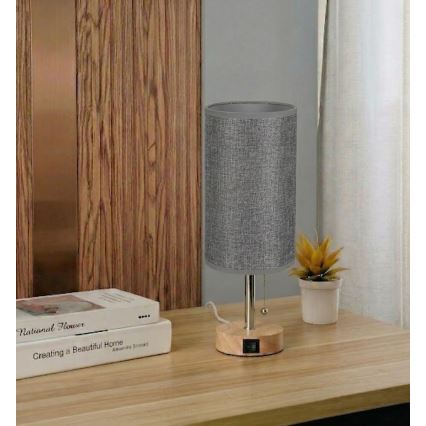 Brilagi - Επιτραπέζιο φωτιστικό με θύρα USB TABLON 1xE27/25W/230V δρυς/μπεζ/γκρι