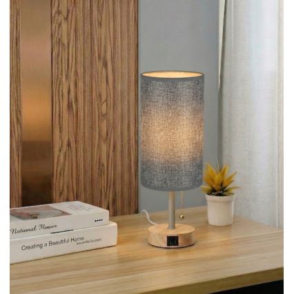 Brilagi - Επιτραπέζιο φωτιστικό με θύρα USB TABLON 1xE27/25W/230V δρυς/μπεζ/γκρι