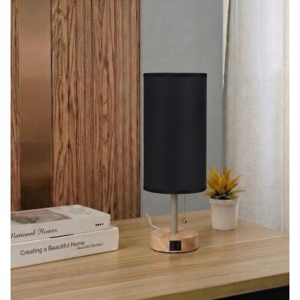 Brilagi - Επιτραπέζιο φωτιστικό με θύρα USB TABLON 1xE27/25W/230V δρυς/μπεζ/μαύρο