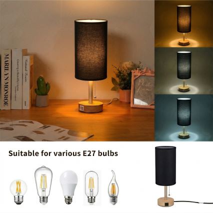 Brilagi - Επιτραπέζιο φωτιστικό με θύρα USB TABLON 1xE27/25W/230V δρυς/μπεζ/μαύρο