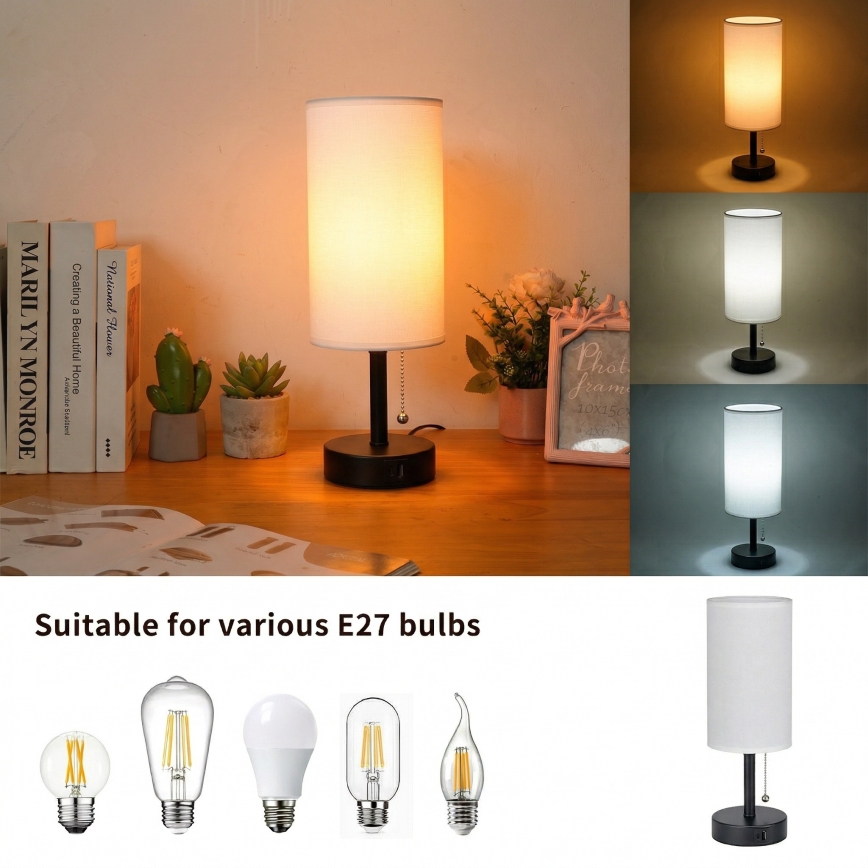 Brilagi - Επιτραπέζιο φωτιστικό με θύρα USB TABLON 1xE27/25W/230V μαύρο/λευκό