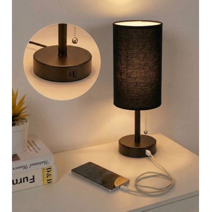 Brilagi - Επιτραπέζιο φωτιστικό με θύρα USB TABLON 1xE27/25W/230V μαύρο