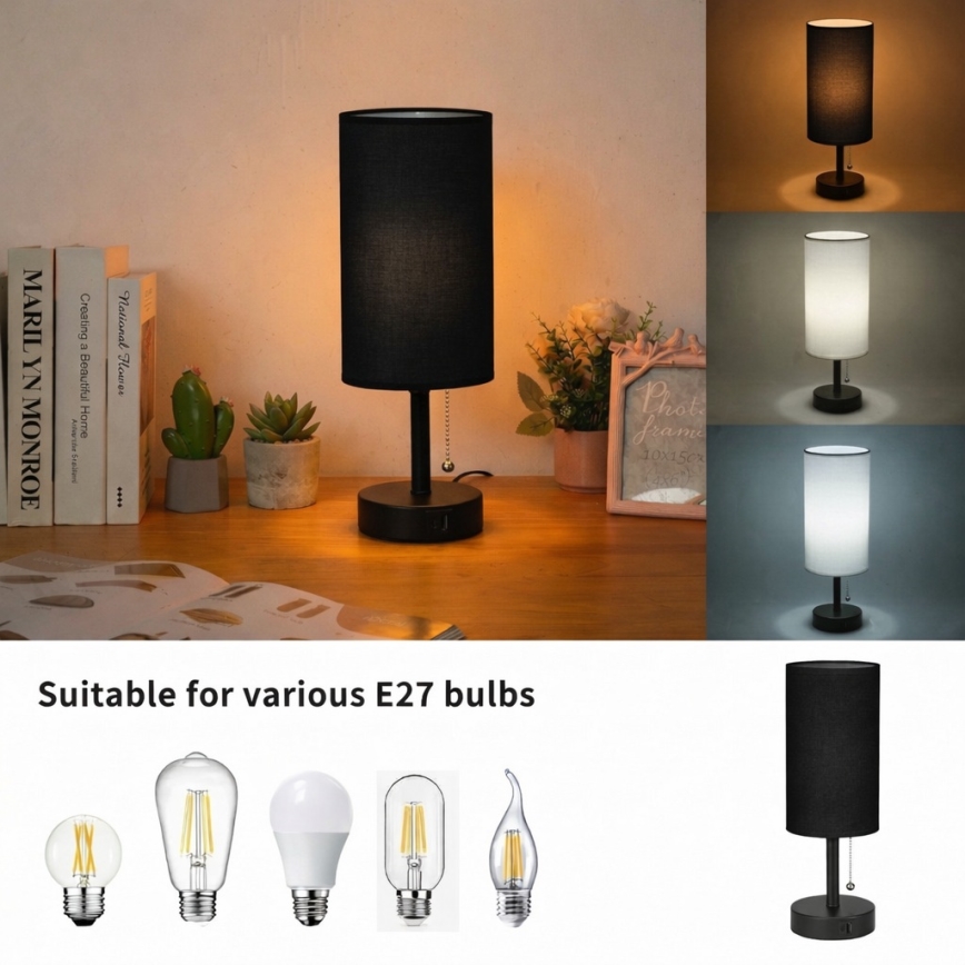 Brilagi - Επιτραπέζιο φωτιστικό με θύρα USB TABLON 1xE27/25W/230V μαύρο